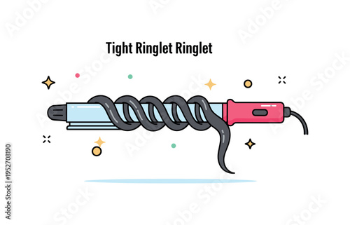 Tight ringlet technique illustrated by a slim curling wand creating a defined spiral curl, expressing precision styling and texture variation. Minimal glow
