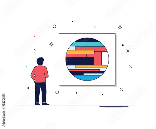 Gallery visitor admiring modern abstract art on the wall contemporary design concept centered on a standing silhouette observing a bold circular abstract