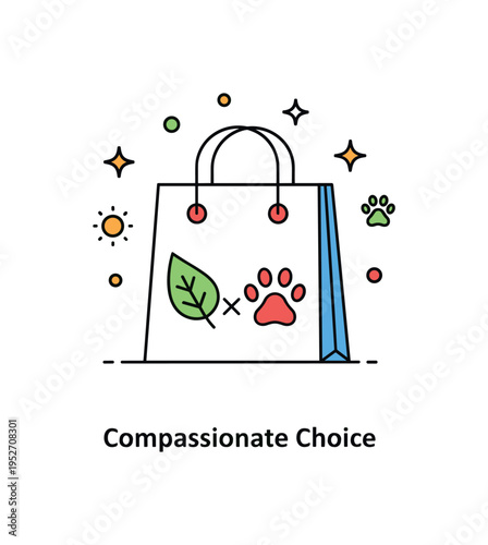 Plant based pet food ethical lifestyle integration scene featuring a simple shopping bag with leaf and paw icons combined, symbolizing conscious purchasing