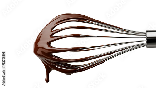 A shiny metal kitchen whisk with rich, dark melted chocolate dripping off its tines, isolated on a pristine white background, perfect for baking, dessert, and culinary themes