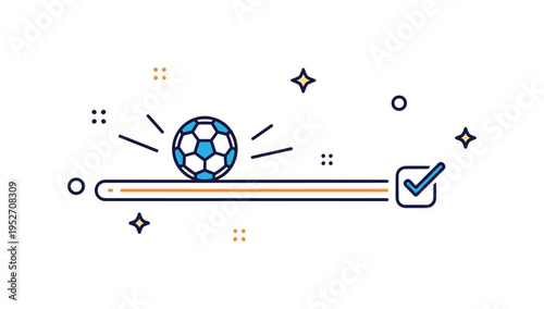 Goal line technology concept showing a ball just crossing a highlighted line with a small check mark symbolizing accurate scoring confirmation. The compact