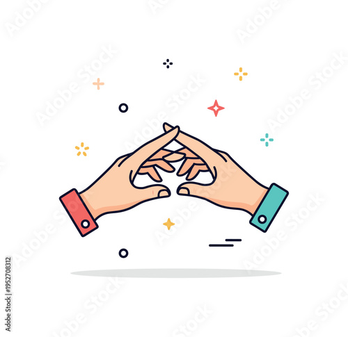 Gentle hands trust and partnership symbol featuring two hands lightly touching fingertips in the center of the scene. A balanced editorial icon expressing