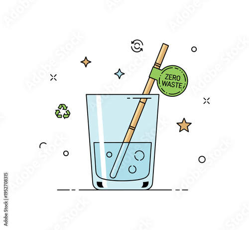 Eco bamboo drink stirrers clear glass with a natural bamboo stirrer and small green badge reading Zero Waste, promoting sustainable hospitality and conscious