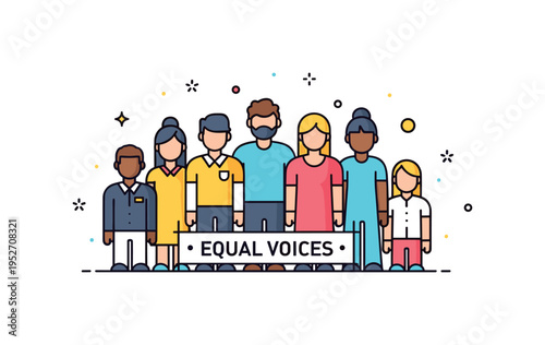 Diversity and inclusion initiative featuring varied abstract figures standing side by side beneath a small banner reading Equal Voices, expressing