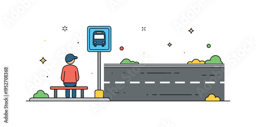 Lonely figure at a bus stop with a simple sign and empty road stretching horizontally. The scene captures waiting, patience, and the quiet pause between
