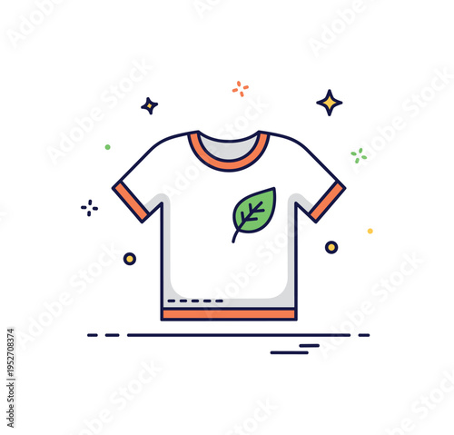 Sustainable clothing design theme illustrated by a simple T shirt icon combined with a small leaf symbol stitched onto it. The scene reflects eco conscious
