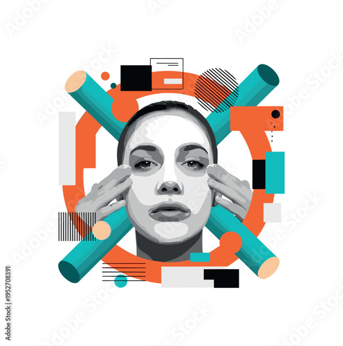 monochrome human face applying face mask, framed by bold orange circular frame and teal cylindrical shapes intersecting edges, abstract flat blocks and fine