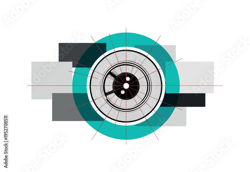 Black and white cable reel seen from above creating concentric circular pattern, bold teal circle echoing the reel shape, thin red lines radiating outward,
