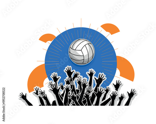 Black and white volleyball midair above outstretched celebratory arms, large electric blue circle perfectly aligned behind the ball, thin orange radial lines