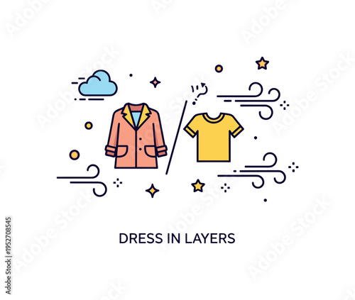 Unpredictable weather wardrobe challenge illustrated by a small coat and T shirt icon side by side with swirling wind lines, symbolizing indecision in daily