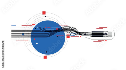 A monochrome realistic pencil transforming into abstract linear trails across the composition, large cobalt blue circle grounding the center, thin concentric