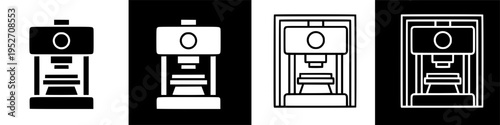 Set of coffee machine icons in different styles and backgrounds.