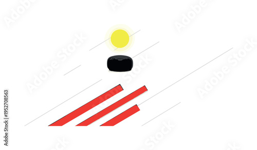 monochrome meditation cushion centered in vast negative space, bright yellow circular halo above and red abstract bars intersecting lower area, subtle diagonal