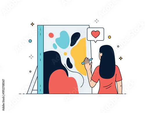 Abstract painting admiration focused on a vibrant canvas with bold shapes and a subtle heart icon nearby, symbolizing emotional connection and personal