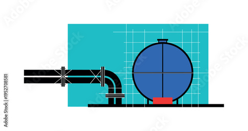 Black and white underground pipeline leading into a blue circular storage tank, oversized turquoise backdrop cropped by frame edge, red rectangular block