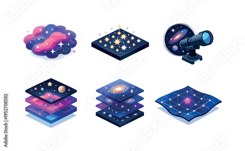 Deep universe. Isometric flat vector icons set of deep universe: distant nebula cloud, far star cluster, deep space telescope view, layered cosmic depth
