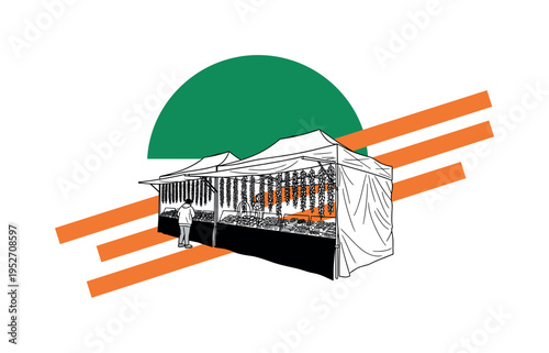 Black and white market stall at a May fair with hanging garlands, bold emerald semicircle framing the top, orange geometric bars layered diagonally like