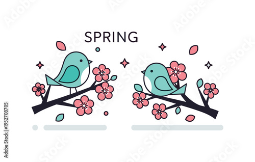 Spring birds in blooming tree featuring small rounded birds sitting within stylized blossoms, expressing seasonal renewal and warmth. Decorative petals add