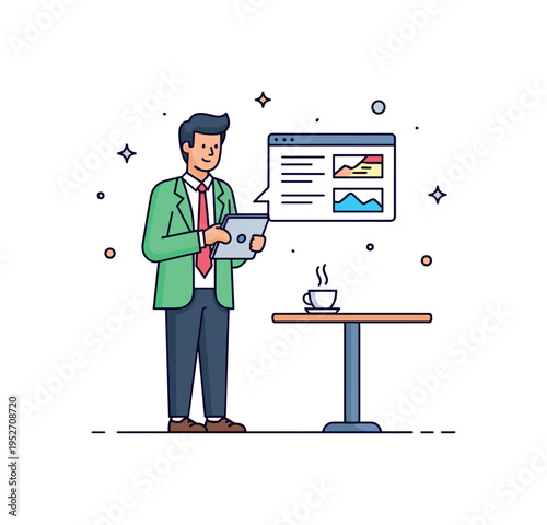Startup pitch meeting sharp dressed man holding a tablet device while standing near a small round table and coffee cup, conveying innovation and modern