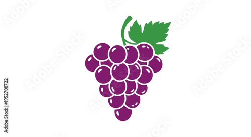 Vibrant cluster of purple grapes with green leaf on white background