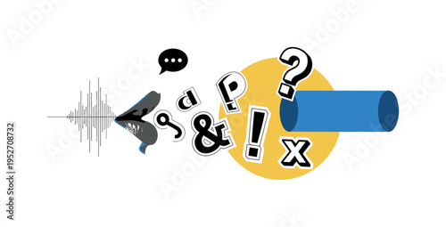 Black and white human mouth cut-out whispering floating typographic symbols, layered collage effect with white outline around main elements, mustard yellow