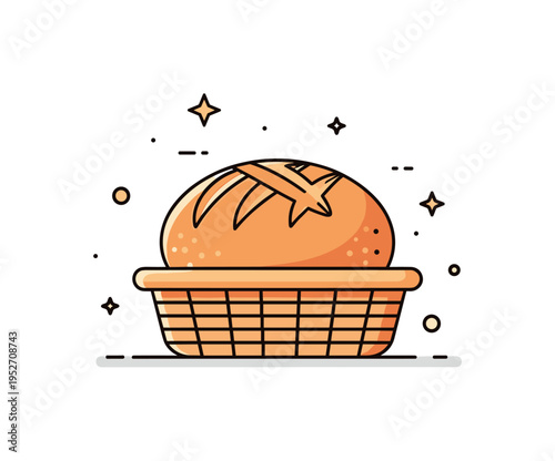 Homemade sourdough basket rounded loaf with decorative scoring nestled in a simple wicker basket, conveying craftsmanship and authentic baking tradition.