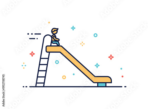 Playground slide slope represented by a simple angled slide structure with a small child figure at the top, conveying fun and safe descent in a park setting. A