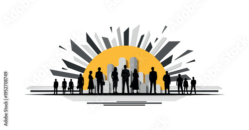 monochrome diverse silhouettes standing side by side in unity, deep blue semicircle rising behind and red rectangular elements overlapping edges, abstract flat