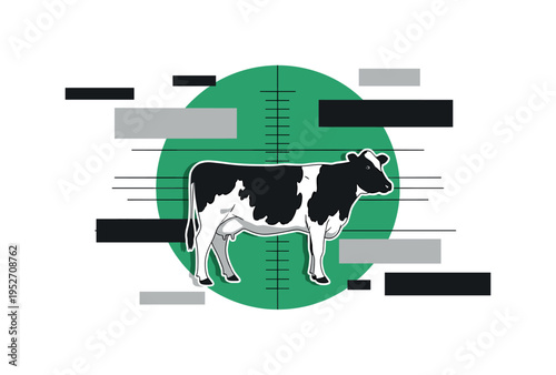 Black and white vintage livestock cow representing agricultural breed, oversized green circle as backdrop intersected by horizontal black lines like