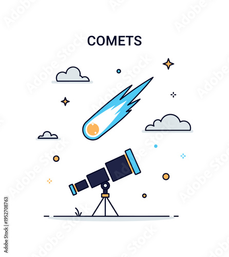 Comets night sky observation theme showing a single glowing comet crossing above a small telescope silhouette. The composition reflects curiosity, astronomy
