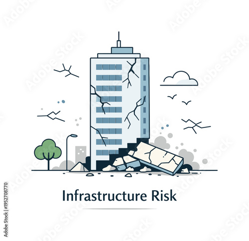 Infrastructure risk concept. A tall building with visible cracks and a fallen section at the base, shown in a simplified editorial style. Calm and informative