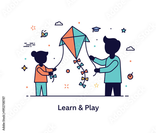 Family kite making workshops educational activity concept showing a child silhouette attaching a tail with small bow ties to a finished kite while an adult