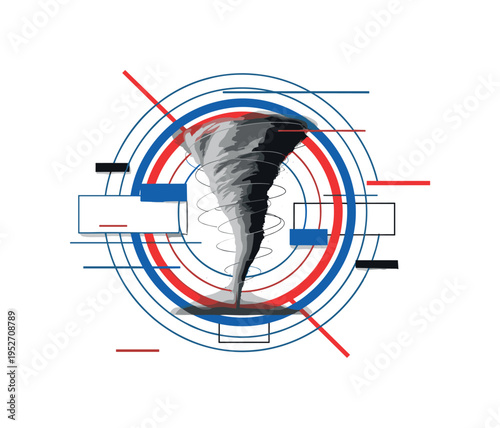 monochrome close-up of twisting tornado column, framed by concentric blue and red circles symbolizing pressure and motion, geometric rectangular fragments and