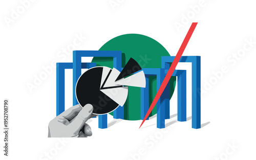 Black and white pie chart held by a hand with one segment dramatically larger, oversized emerald green circle behind reinforcing dominance, cobalt blue
