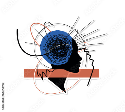 Black and white portrait silhouette with scribble lines emerging from head, vibrant cobalt geometric sun disc offset behind, warm terracotta horizontal bar