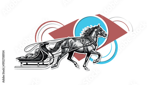 Black and white detailed harness and reins in motion as sleigh advances, vivid icy blue circular halo behind horse head, muted red diagonal block intersecting