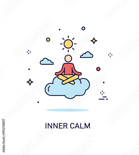 Floating in the sky meditation concept showing a simple seated figure hovering above a cloud with a small sun icon overhead, symbolizing inner balance and