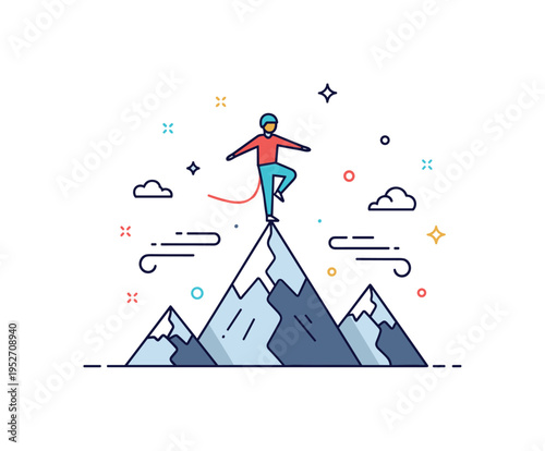 High altitude walk performer balancing high above stylized mountain peaks with subtle wind line accents, conveying bravery and extreme performance. Minimalist