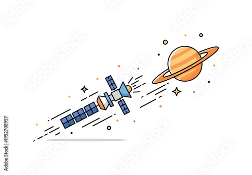 Deep space probe flyby near a ringed planet with the spacecraft angled dynamically as it captures data, tiny stars and motion lines emphasizing speed and