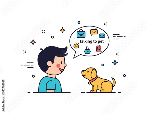 Talking to pet playful conversation scene centered on a child facing a small puppy with tiny playful icons in the speech bubble, expressing imagination,