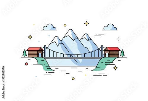 Mountain resort skybridge spanning between two lodges representing scenic views and elevated experiences. Subtle cloud and peak shapes add context while