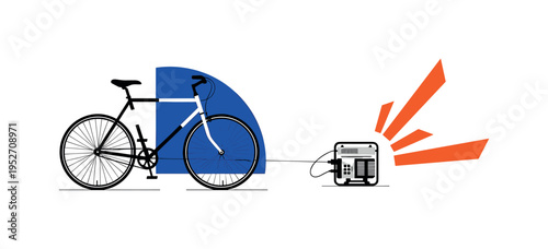 Black and white bicycle connected to a small generator device, bold cobalt blue semicircle behind the wheel, bright orange geometric bars radiating outward