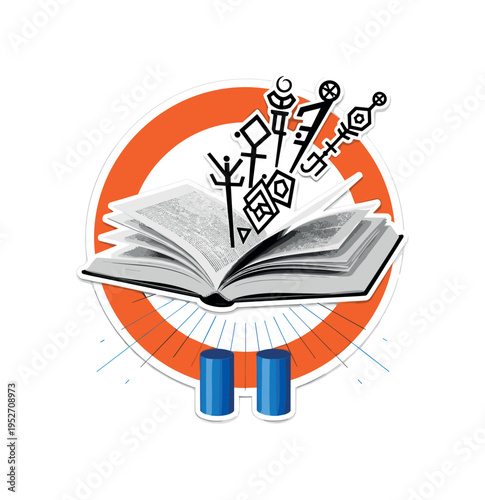Black and white open book hovering mid-air with abstract sigil-like geometric shapes rising from its pages, bold orange circle framing the book, blue