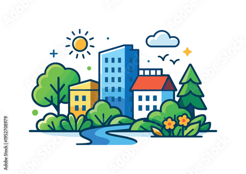 Urban nature integration shown by buildings surrounded by trees and plants, suggesting healthier environments and improved quality of life. The illustration