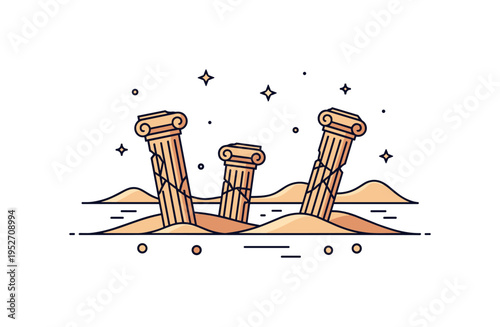 Desert ruins expedition concept centered on broken columns half buried in sand with a subtle horizon line, expressing endurance of history through time. The