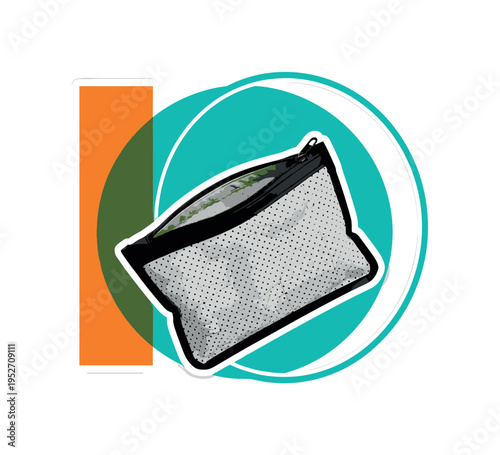 Black and white biodegradable toiletry kit pouch partially open, bold teal circular halo behind, contrasting orange vertical block to one side,