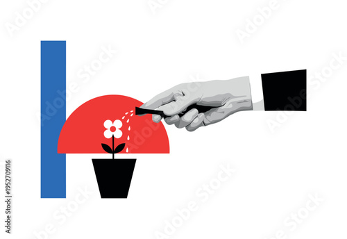 Black and white hand watering small flower in minimal pot, bright red semicircle echoing the bloom shape, blue vertical rectangular accent for structural