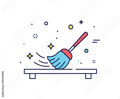 Dust removal tip illustrated by a feather duster sweeping over a shelf outline, symbolizing quick surface care and everyday maintenance. The clean icon scene