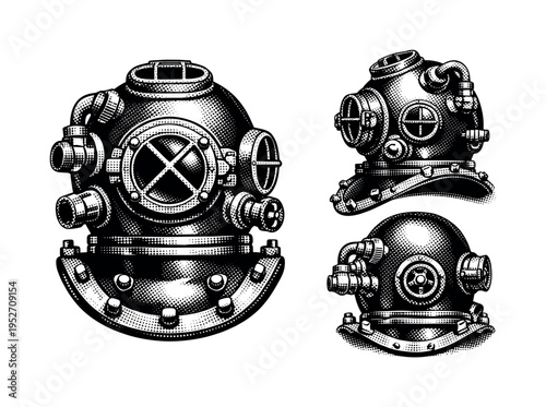 Deep Sea Diving Helmet ? exposed valve helmet. A deep sea diving helmet with clearly visible air intake and exhaust valves presented as one isolated object