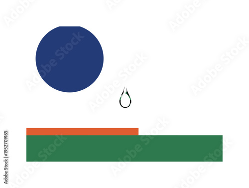 Black and white minimalist composition of a single tear drop suspended mid-air, large deep cobalt blue circle partially cropped at edge, forest green